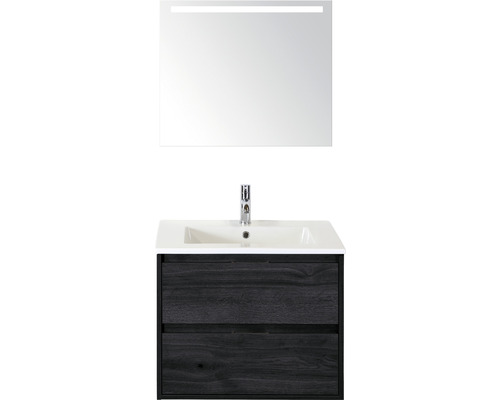 Kúpeľňová zostava Sanox Porto keramika zrkadlo 70 cm dub čierny s LED Skrinka pod umývadlo s dvomi zásuvkami, umývadlo na dosku, armatúra a osvetlené zrkadlo do kúpeľne