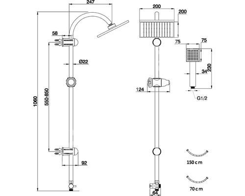 Technický nákres sprchovej súpravy s rozmermi.