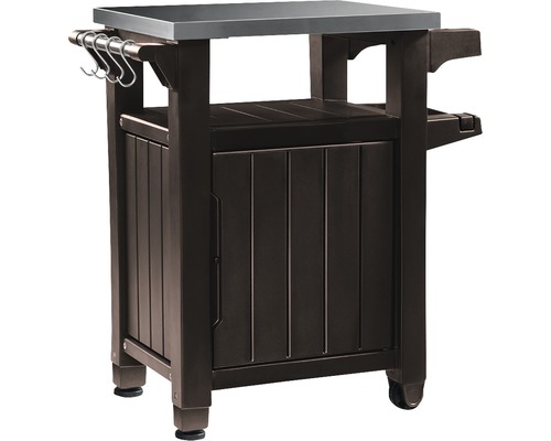 Záhradná skrinka s pracovnou doskou z nehrdzavejúcej ocele a závesnými háčikmi