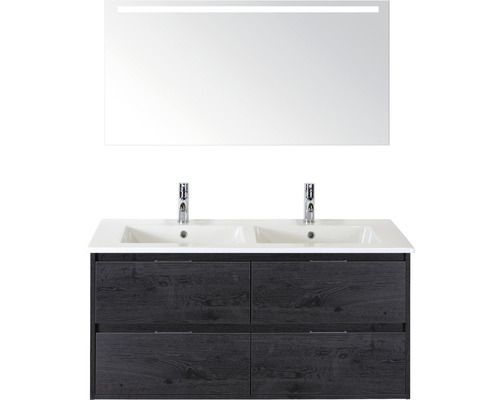 Kúpeľňová zostava Sanox Porto keramika zrkadlo 120 cm 4 zásuvky dub čierny s LED Umývadlová skrinka s dvomi umývadlami, spodná skrinka so štyrmi zásuvkami a zrkadlo s osvetlením