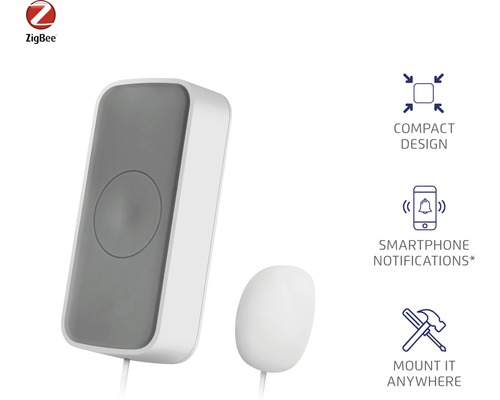 Logo ZigBee. Inteligentný detektor vody s upozornením na smartfóne a možnosťami montáže.