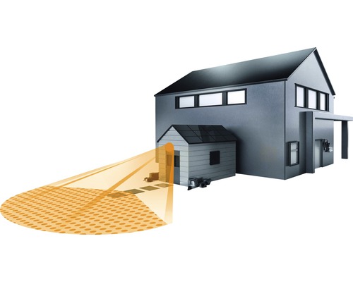 Ilustrácia domu s pohybovým senzorom pred dverami