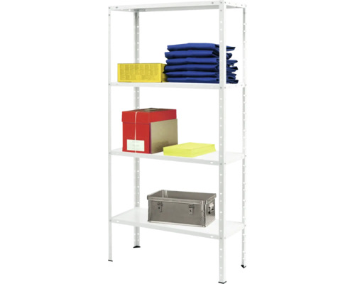 Biely kovový regál s krabicami a textilom