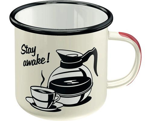 Smaltovaný hrnček s motívom kanvice na kávu a šálok