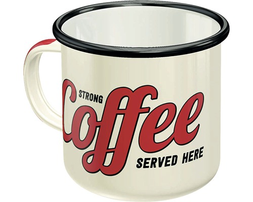 Smaltovaný hrnček s nápisom Strong Coffee Served Here