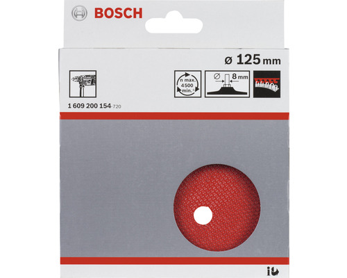 Logo spoločnosti Bosch. Brúsny kotúč s priemerom 125 milimetrov v balení.