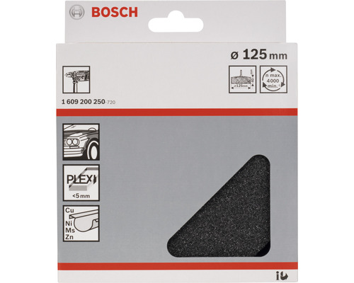 Logo Bosch. Leštiaca hubka s priemerom 125 milimetrov. Vhodné pre automobilové laky, plexisklo a kovy.