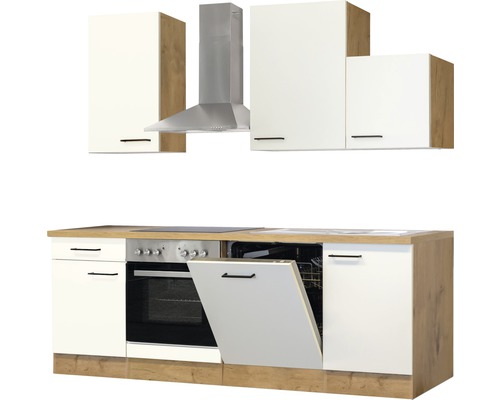 Kuchynská linka so závesnými skrinkami, digestorom, sporákom a umývačkou riadu