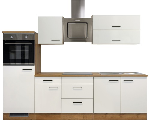 Kuchynská linka so skrinkami, drezom, sporákom, digestorom a rúrou