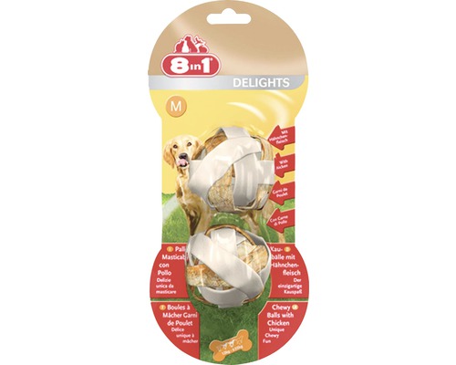 8in1 Delights žuvacie loptičky s kuracím mäsom pre psov, veľkosť M, balenie