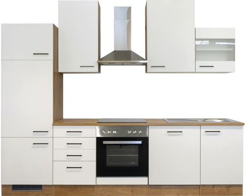 Kuchynská linka so závesnými skrinkami, digestorom, sporákom a drezom