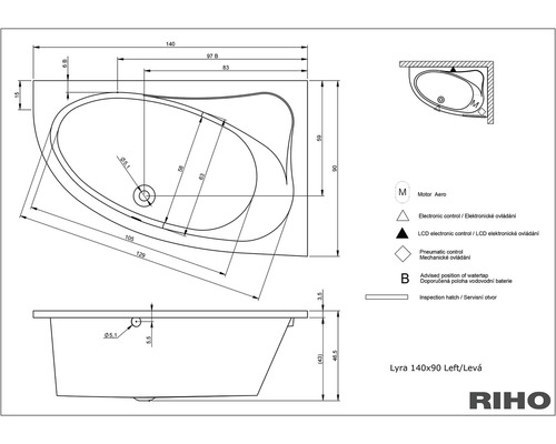 Technický nákres vane Lyra 140x90 ľavá