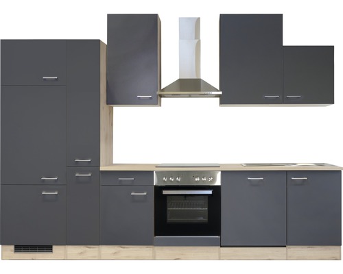 Kuchynská linka s hornými skrinkami, drezom, varnou doskou a digestorom