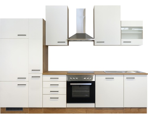 Kompletná kuchyňa so závesnými skrinkami, digestorom, drezom, sporákom a rúrou