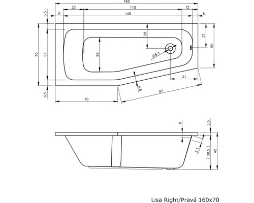 Technický nákres vane s rozmermi.
