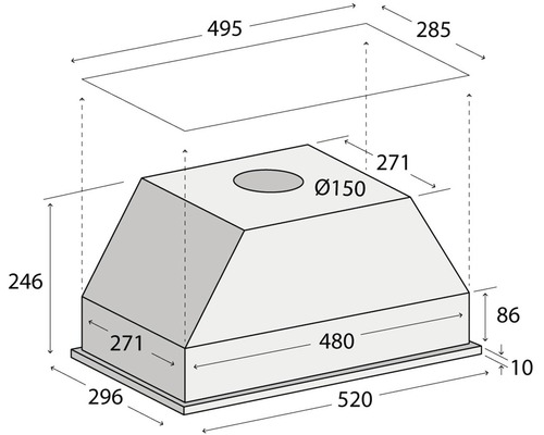 Technický nákres odsávača pár s rozmermi