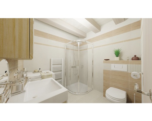 Svetlá kúpeľňa so sprchou, umývadlom, toaletou a radiátorom