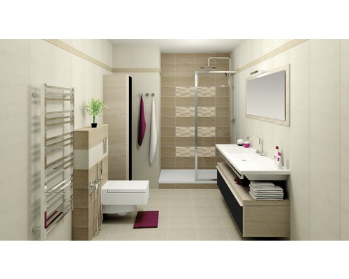 Svetlá kúpeľňa so sprchou, umývadlom, zrkadlom, toaletou a ohrievačom uterákov.