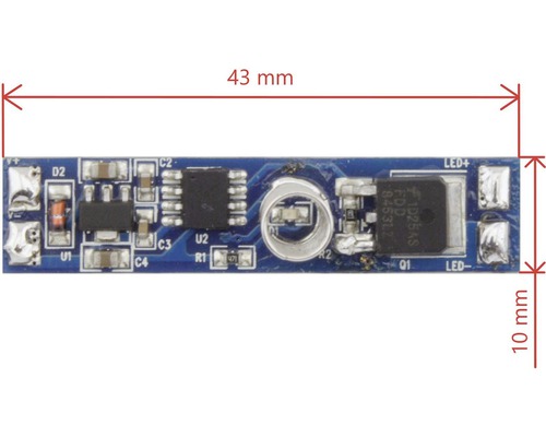 Elektronický obvod s dĺžkou 43 mm a šírkou 10 mm