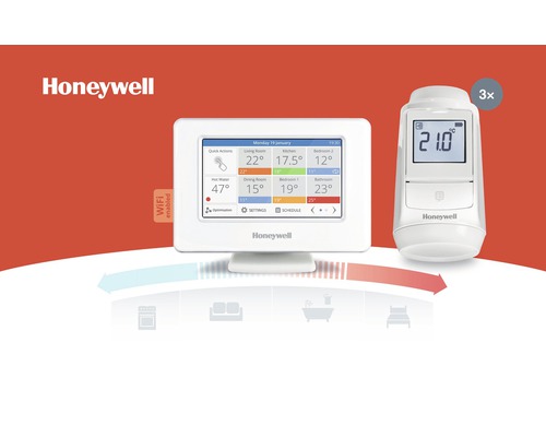 Logo Honeywell, izbový termostat s podporou WiFi s ukazovateľom teploty a tri bezdrôtové radiátorové termostatické ventily