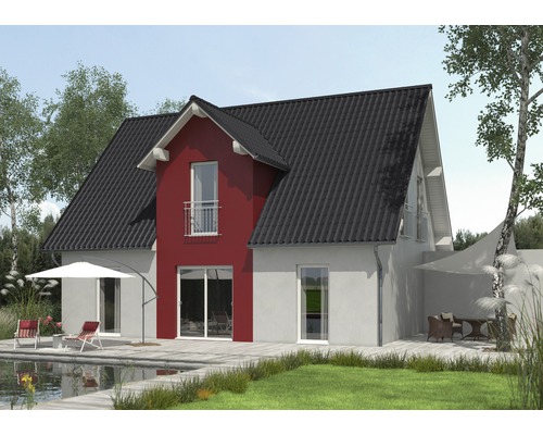 Moderný rodinný dom s tmavou strechou, terasou a záhradou.