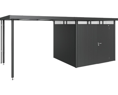 Kovová záhradná búda s prístreškom a dverami