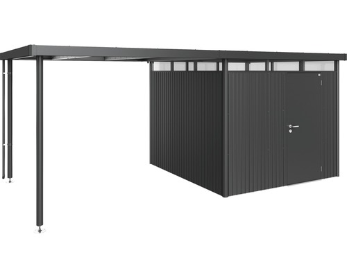 Kovový záhradný domček s prístreškom a dverami