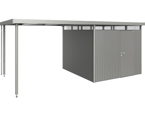 Kovový záhradný domček s prístreškom pre auto a dverami