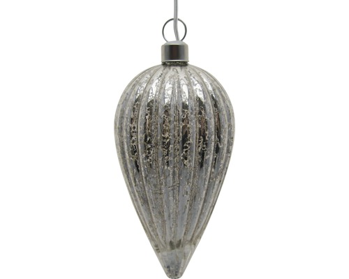 Strieborná ryhovaná vianočná ozdoba v tvare kvapky