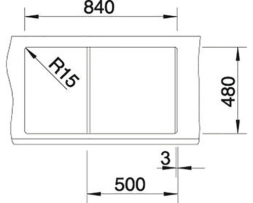Nákres drezu s rozmermi 840 x 480 x 500 mm a s rohovým rádiusom 15 mm