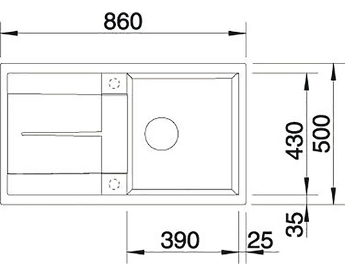 Technický nákres kuchynského drezu s rozmermi 860 x 500 mm