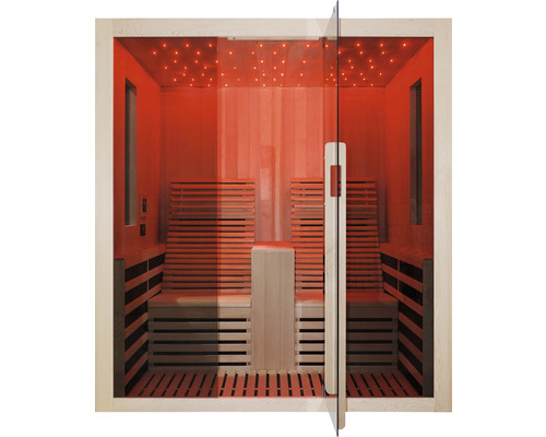Vnútorný pohľad na infra saunu s drevenými lavicami a sklenenou prednou stranou