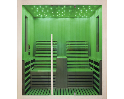 Sauna s drevenými lavicami a sklenenou prednou stenou