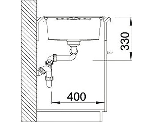 Technický nákres umývadla s rozmermi 400 x 330 mm.