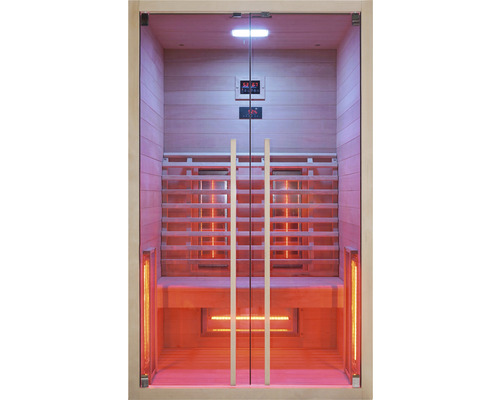Infračervená sauna so sklenenými dverami a drevenými lavicami