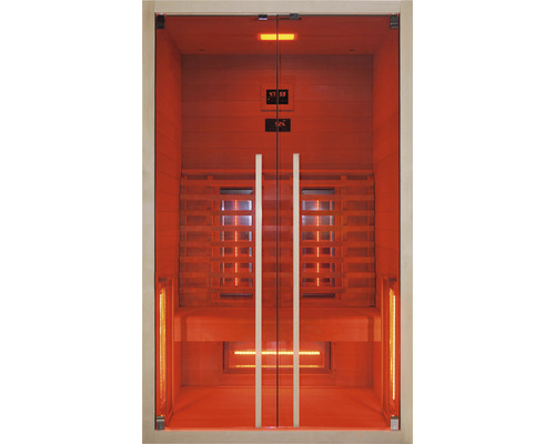 Infračervená kabína so sklenenými dverami a drevenými prvkami