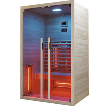 Infra sauna so sklenenými dverami a dreveným obkladom