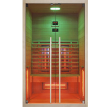 Infračervená sauna so sklenenými dverami, drevenými sedadlami a digitálnymi displejmi