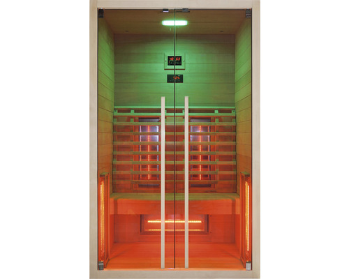 Infračervená sauna so sklenenými dverami, drevenými sedadlami a digitálnymi displejmi