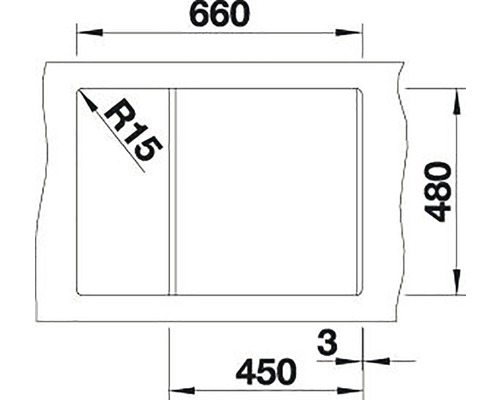 Technický výkres obdĺžnikového umývadla s rozmermi 660 x 480 mm