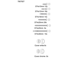 Sada skrutiek rôznych veľkostí a krytiek v bielej a chrómovej farbe