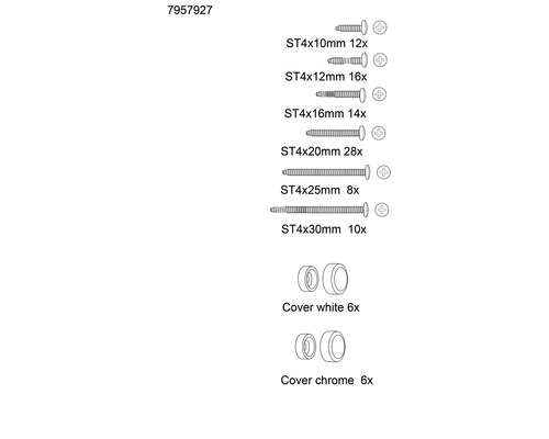 Sada skrutiek rôznych veľkostí a krytiek v bielej a chrómovej farbe
