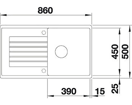 Technický nákres kuchynského drezu s rozmermi 860 x 500 mm