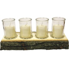 Drevený svietnik so štyrmi čajovými sviečkami v pohároch