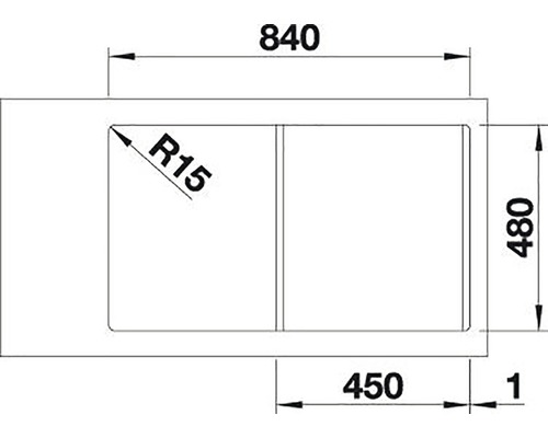 Technický nákres drezu s rozmermi 840 x 480 mm