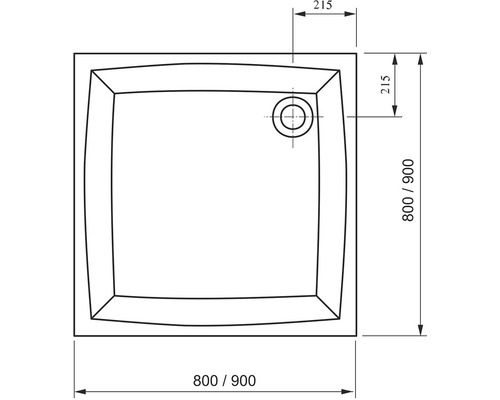 Technický nákres sprchovej vaničky s rozmermi 800/900 mm