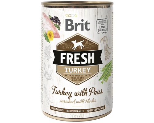 Konzerva pre psov Brit Fresh Turkey with Peas 400 g Brit psia konzerva s čerstvým morčacím mäsom a hráškom