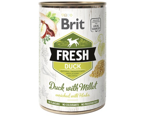 Konzerva pre psov Brit Fresh Duck with Millet 400 g Brit Fresh Kačka krmivo pre psy s prosom v konzerve