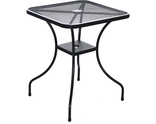 Štvorcový záhradný stôl s oceľovým rámom a stolovou doskou s otvorom pre slnečník