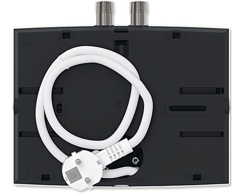 Pohľad zozadu na elektronický prietokový ohrievač s napájacím káblom a prípojkami vody